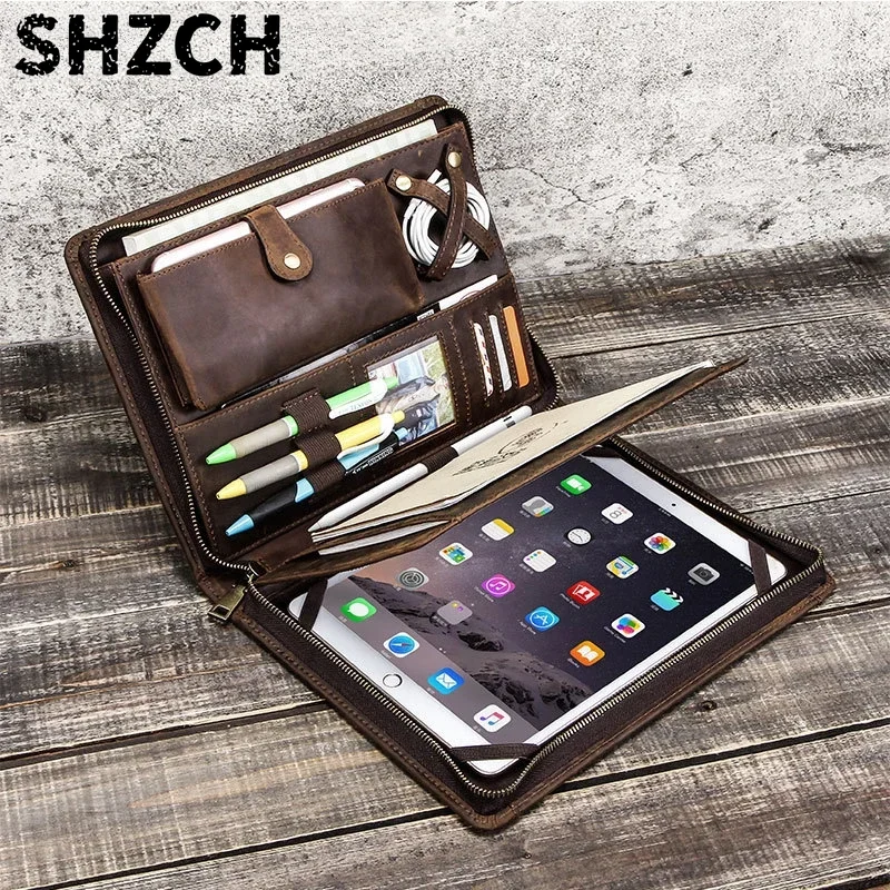 Tablet Tech Accessories - กระเป๋าเก็บแท็บเล็ตหนังสำหรับ Apple iPad พร้อมช่องใส่ปากกาแบบมีซิป ที่เก็บสายชาร์จและโทรศัพท์ อุปกรณ์เสริมเทคโนโลยี